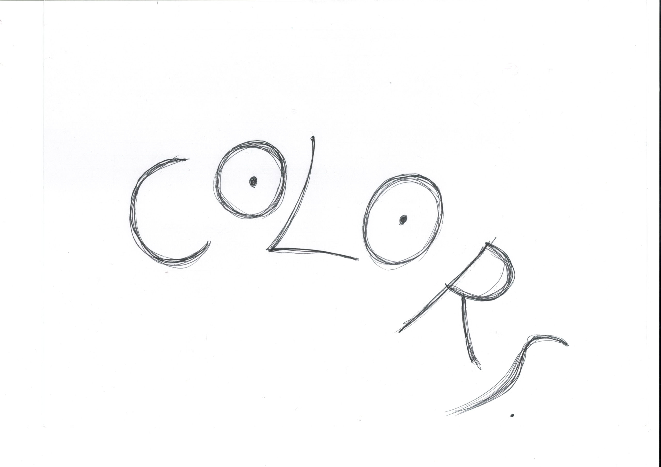 画用紙の中央から右下にかけてアルファベットの大文字でCOLORSの文字が描かれている。Oの円の中には人の目のような点が打たれている。