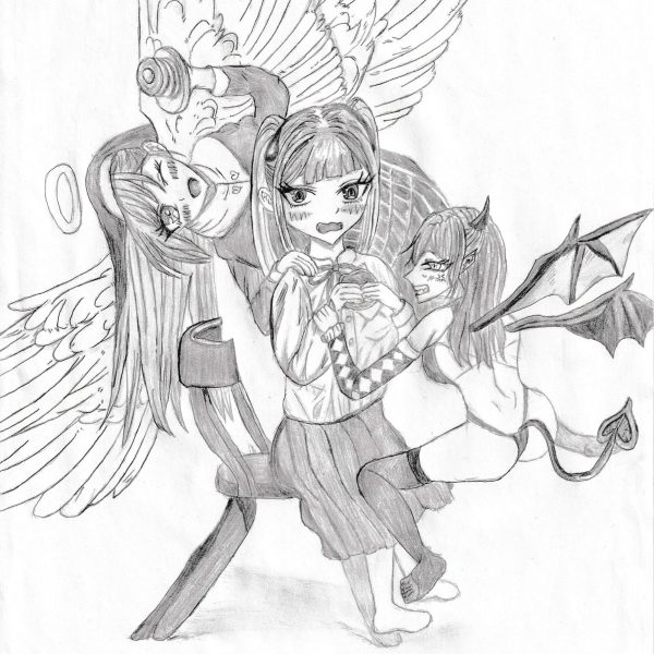 鉛筆によるモノクロのマンガイラスト。中央にセーラー服の少女、左に翼と光輪をもつ天使、右に角・コウモリの翼・尻尾をもつ悪魔の少女を配する。天使がドーナツを手にし、天使と悪魔の立場を「逆」にした構図。
