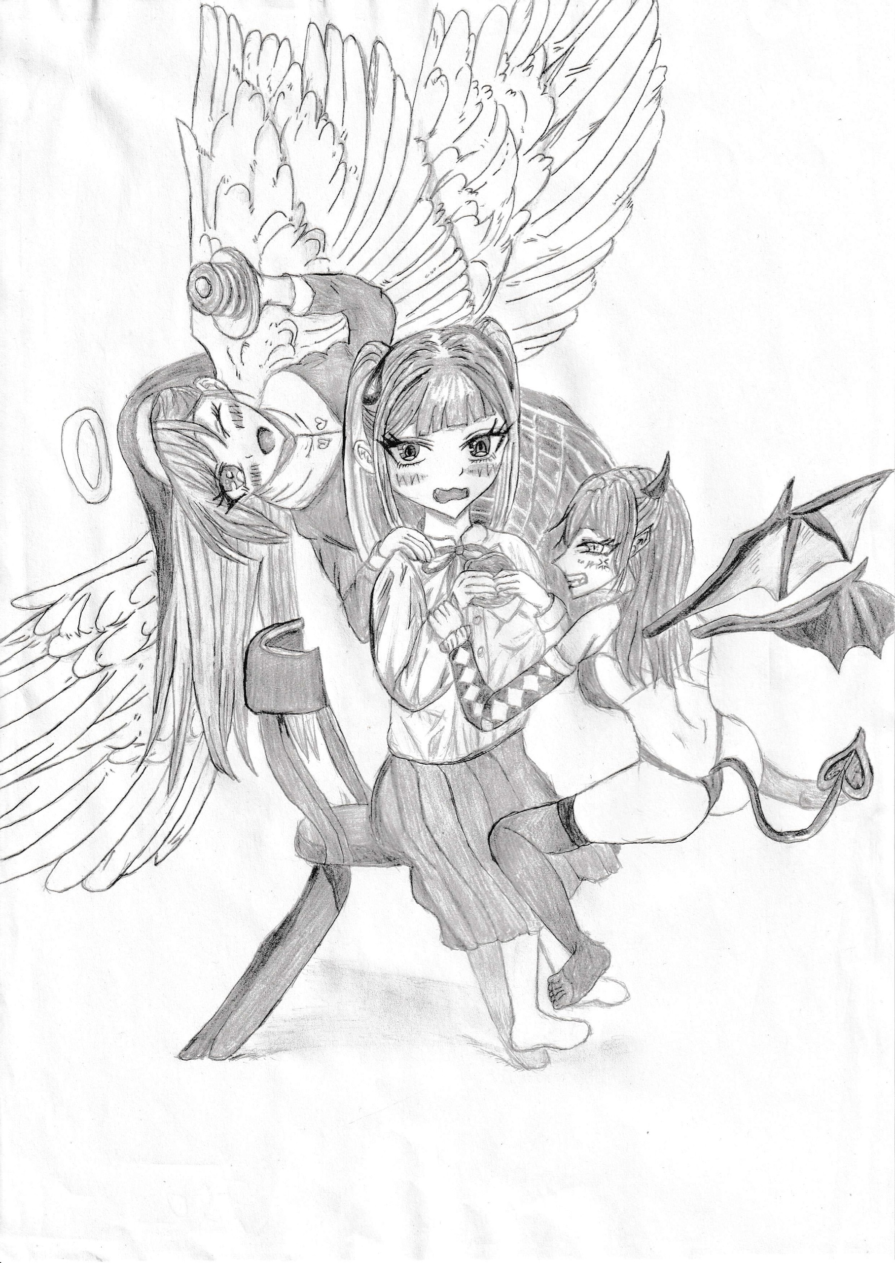 鉛筆によるモノクロのマンガイラスト。中央にセーラー服の少女、左に翼と光輪をもつ天使、右に角・コウモリの翼・尻尾をもつ悪魔の少女を配する。天使がドーナツを手にし、天使と悪魔の立場を「逆」にした構図。