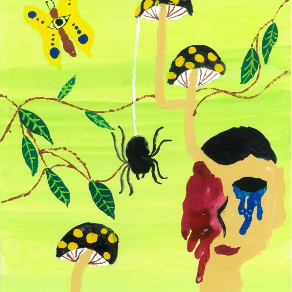 黄緑色の背景に、黒い傘に黄色の斑点をもつキノコが三本立ち、画面の下端には濃い緑の草が横一列に生えている。右下には人の顔がキノコのように地面から生え、根のような赤い線を足元に広げる。顔の左半分は赤黒く染まり、片目からは青い涙が流れる。左上には目玉の模様をもつ黄色い蝶が舞い、中央では黒い蜘蛛が糸を垂らし、枝葉が画面を横切る。