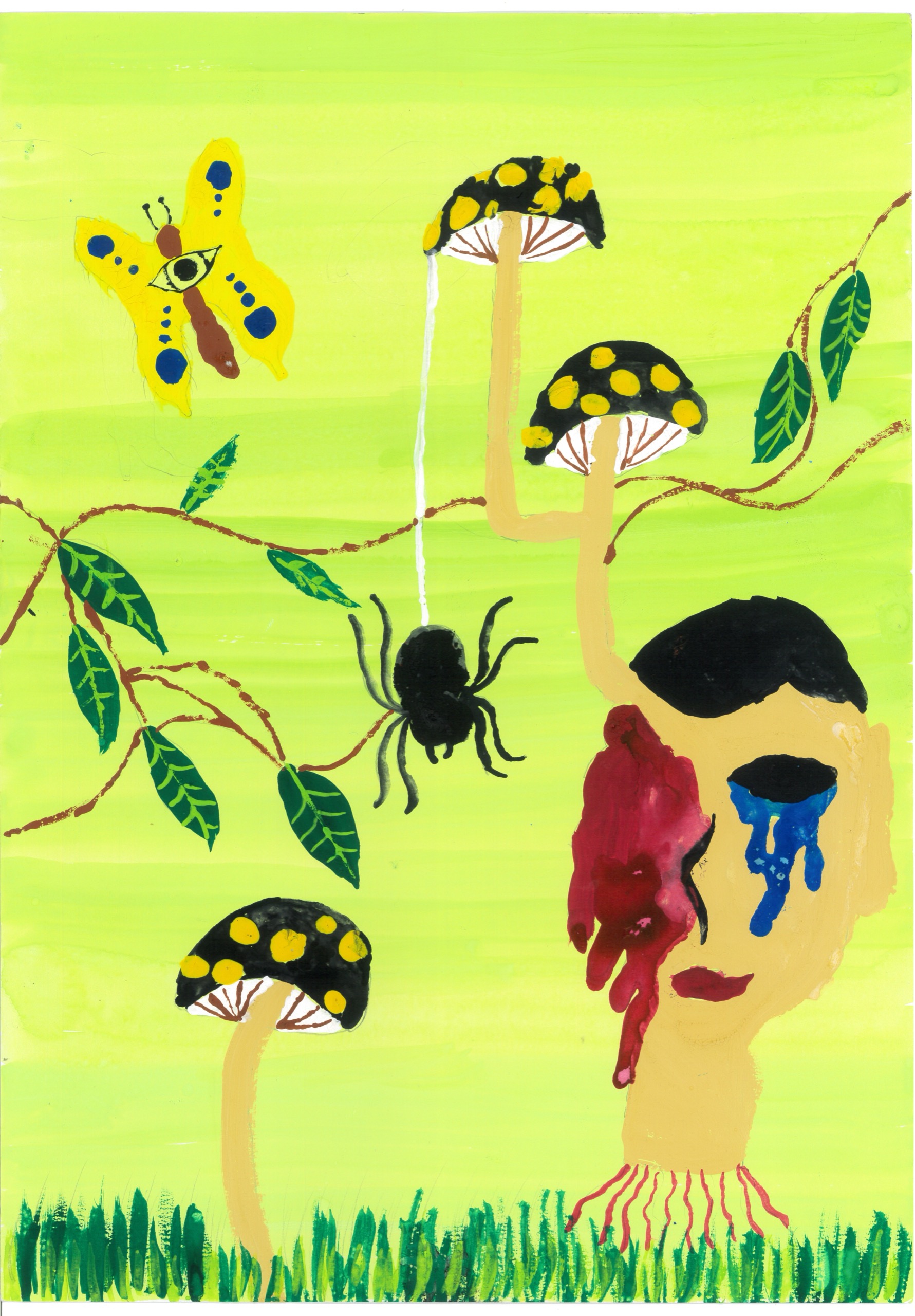 黄緑色の背景に、黒い傘に黄色の斑点をもつキノコが三本立ち、画面の下端には濃い緑の草が横一列に生えている。右下には人の顔がキノコのように地面から生え、根のような赤い線を足元に広げる。顔の左半分は赤黒く染まり、片目からは青い涙が流れる。左上には目玉の模様をもつ黄色い蝶が舞い、中央では黒い蜘蛛が糸を垂らし、枝葉が画面を横切る。