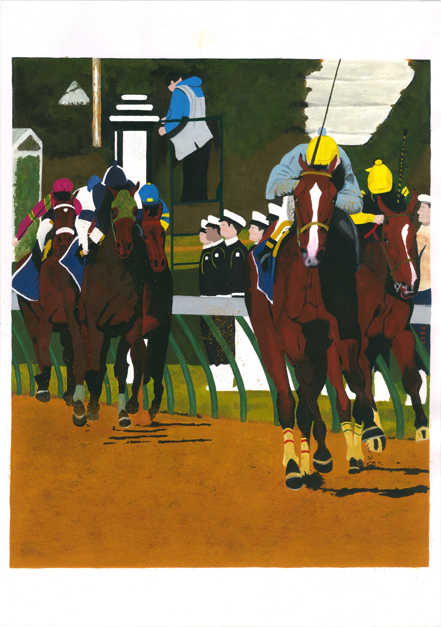ダートコースを走る競走馬たちを正面から描いた絵。中央手前を、額に白い流星のある鹿毛馬が駆け、青い服に黄色い帽子の騎手がまたがる。左には馬群が続き、赤紫や青の勝負服の騎手たち。柵の内側には白い制帽に紺の制服の係員が並んで立ち、後方の監視台の上にも係員がいる。馬場は茶色のダート、背景は深緑の木々。