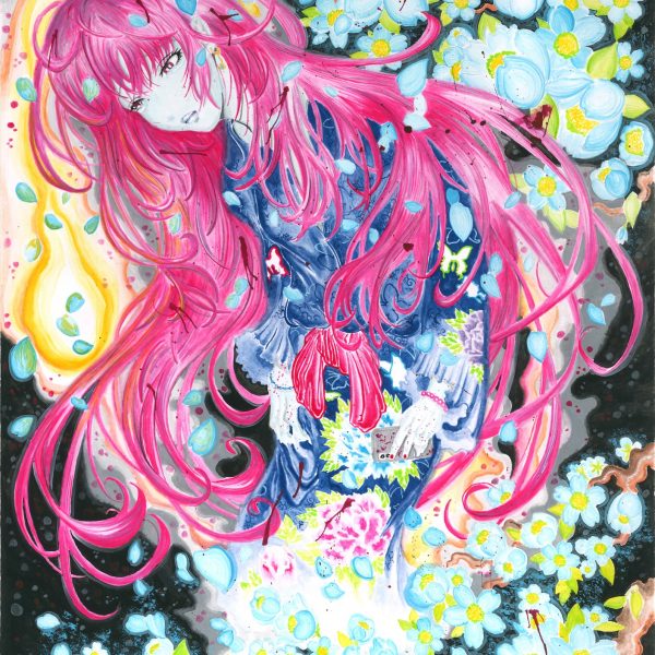 黒い背景に、桃色の長い髪の女性が青い着物姿で描かれている。肌は青白く、目は赤く、唇を噛むような表情。髪は画面いっぱいに波打って広がる。周囲には白い花が群れて咲き、青い花びらが舞う。左には黄色い炎のような光が立ちのぼり、画面のところどころに赤い飛沫が散る。手元には赤い斑点の付いたスマートフォンを持っている。