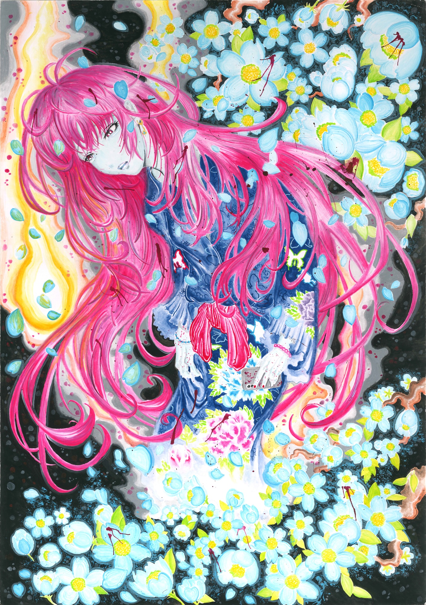 黒い背景に、桃色の長い髪の女性が青い着物姿で描かれている。肌は青白く、目は赤く、唇を噛むような表情。髪は画面いっぱいに波打って広がる。周囲には白い花が群れて咲き、青い花びらが舞う。左には黄色い炎のような光が立ちのぼり、画面のところどころに赤い飛沫が散る。手元には赤い斑点の付いたスマートフォンを持っている。