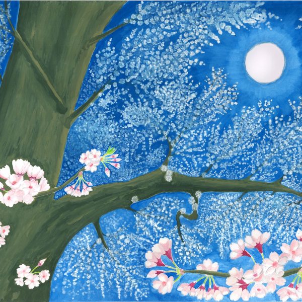 濃い青の夜空に満月が輝き、月の周囲が淡く光る横長の画面。左から太い桜の幹が伸び、緑がかった枝が右へ大きく張り出す。枝の先には白く小さな花の群れが霞のように空一面に広がり、手前の枝には桃色の大ぶりな桜の花と蕾が描き込まれている。