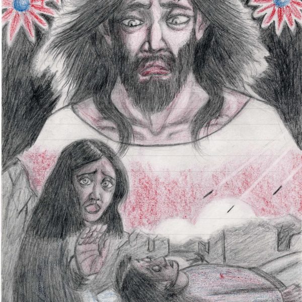便箋に色鉛筆。上部に茨の冠をかぶったキリストの顔を大きく描く。左右の上隅に赤い花弁に青い芯のヒマワリ。下部では長い黒髪の女性が横たわる人物を抱きかかえる（ピエタの構図）。背景に赤い光と瓦礫が広がる。