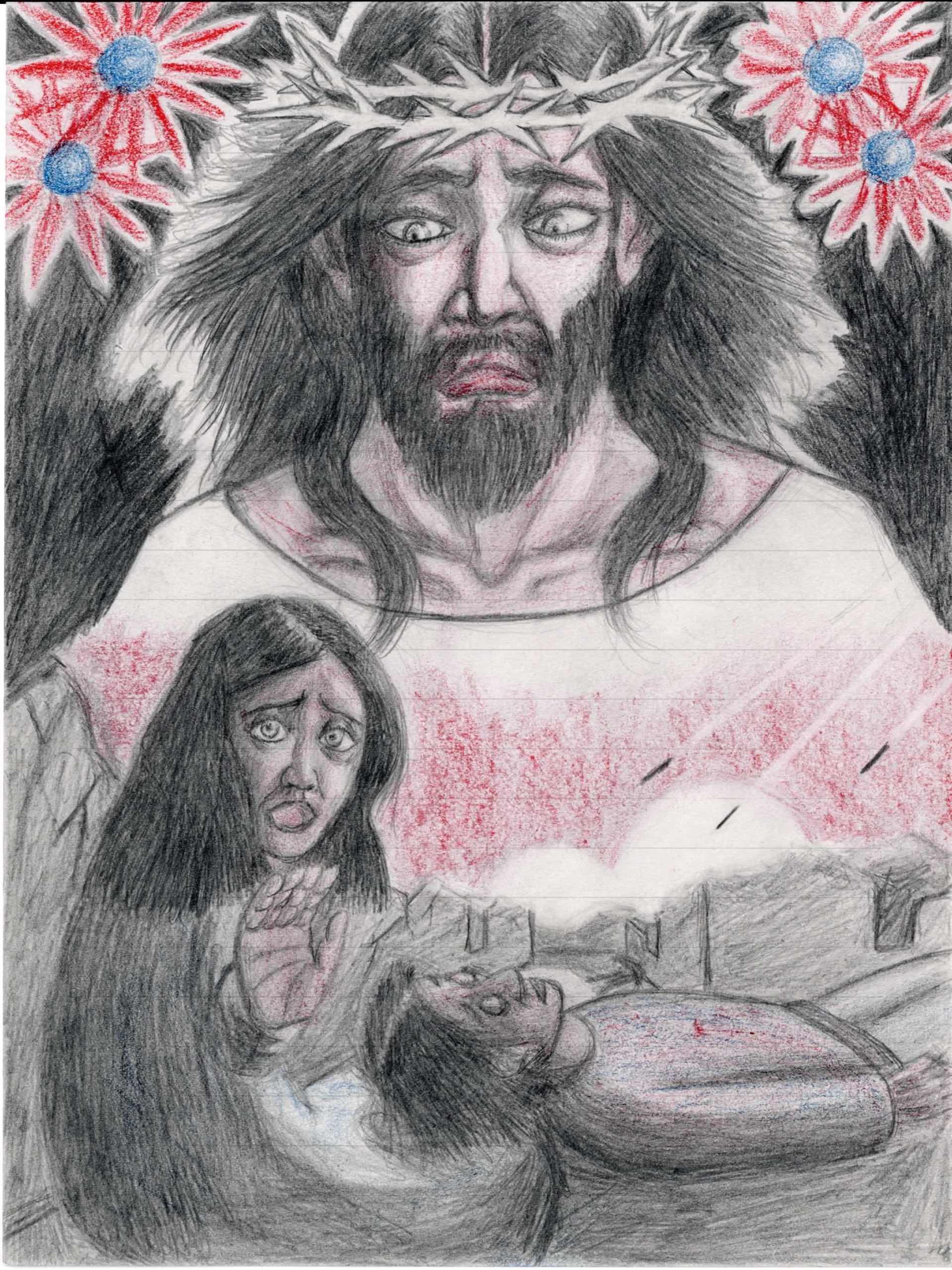 便箋に色鉛筆。上部に茨の冠をかぶったキリストの顔を大きく描く。左右の上隅に赤い花弁に青い芯のヒマワリ。下部では長い黒髪の女性が横たわる人物を抱きかかえる（ピエタの構図）。背景に赤い光と瓦礫が広がる。
