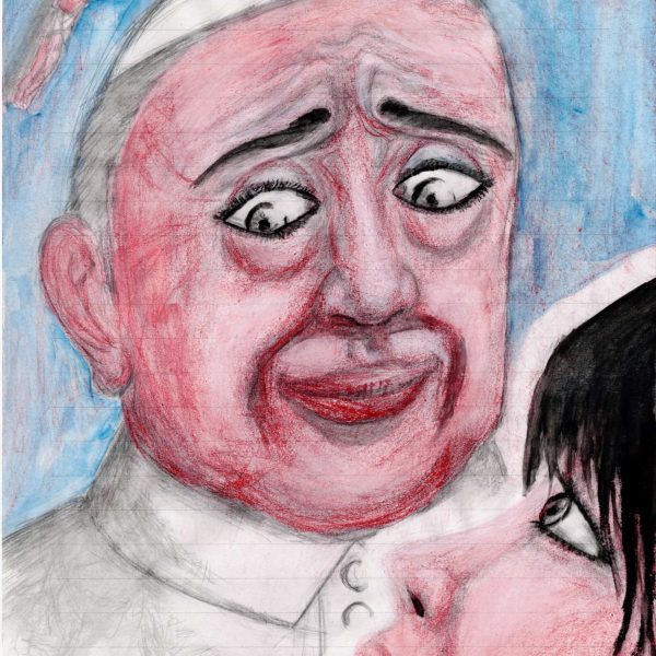 便箋に色鉛筆。白い帽子と白い祭服をまとった教皇と思われる人物の顔を画面いっぱいに描く。眉を寄せ目を見開いた表情で、顔は赤く染まる。背景は青。左上に小さな十字架像。右下に黒髪の人物の顔が寄り添うように描かれる。