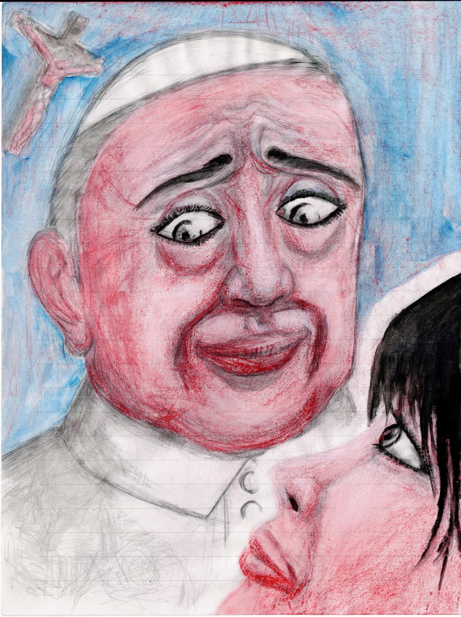 便箋に色鉛筆。白い帽子と白い祭服をまとった教皇と思われる人物の顔を画面いっぱいに描く。眉を寄せ目を見開いた表情で、顔は赤く染まる。背景は青。左上に小さな十字架像。右下に黒髪の人物の顔が寄り添うように描かれる。