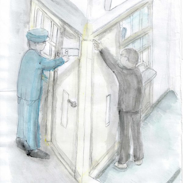 淡い水彩と鉛筆で描かれた廊下の角。左に青い制服と制帽の刑務官が立ち、扉の横に付いた「8」と読める札に手を伸ばす。右には眼鏡をかけた灰色の服の人物が後ろ姿で立ち、窓のある壁の高い所へ右腕を伸ばしている。両者の間の壁上部に、小さな穴の並んだ箱状の機器が取り付けられている。扉や壁は白っぽく、床は薄い水色。左下に「2026.5.10 報知器」と書き込みがある。