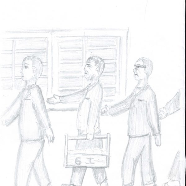 鉛筆画。紙の下半分に、そろいの作業着とサンダル姿の男性3人が左向きに一列で歩く。中央の男性は「6工」と書かれた取っ手付きの箱（おかもち）を提げ、中に丸いパンのような物が並ぶ。先頭は短髪、3人目は眼鏡をかける。右端に4人目の腕と足の一部。背景に横板の連なるルーバー窓。下端に「おかもち行進・担当」に続く文字と丸囲みの数字、「2026.6」の書き込み。