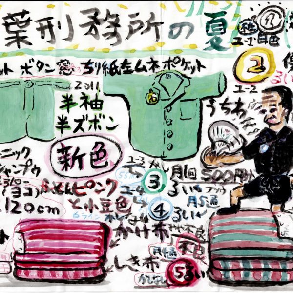 墨の線と水彩で図解のように描かれた画面。上部に大きく「千葉刑務所の夏」の題字、背景に緑の帯と黄色い点。左に緑色の半ズボンと半袖シャツ、シャンプーの容器、ピンクの格子柄の布と赤紫の縞の布団の山。右には黒い服でうちわを持ち、緑と赤紫の縞の布団の山に片足をかける男性。周囲に「半袖半ズボン」「新色」「旧色」「ふとんピンクと小豆色」「200×120cm」「タオルケット」「類別バッヂ色優遇区分」「500円分」などの説明と丸数字①〜⑤が書き込まれ、ほかにも寸法や色名など細かい説明の書き込みが多数ある。右下に「2011 5」と読める年記。