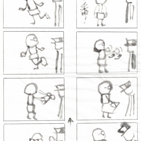 白い紙に太い墨線で描いた8コマの図解。右上に「検身」と題字。丸頭の簡略な人物が、台の脇に立つ制帽の係官の前で動作を示す。片脚を上げる、両腕を横に出して片脚立ちする、口元へ手をやる、持ち物を差し出す、腰の物を見せる、といった一連の動きが続き、コマの間には順路を示す矢印がある。左下のコマには「よし」の文字。人物は上半身裸に短パン姿で描かれる。