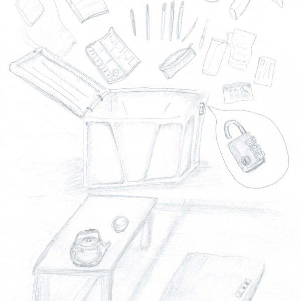 鉛筆画。中央にふたの開いた私物箱があり、その上方に中身が扇状に広げて描かれる。Tシャツ、半ズボン、丸い缶、本やノート、瓶、数本のペンや筆、筆箱、封筒、紙片、石けんのようなものなど。箱の留め具からは吹き出しが伸び、ダイヤル式の南京錠が拡大して描かれる。手前には急須と湯のみの載る座卓と、床に置かれた平たいふた。左下に「2026.6.8」と書き込みがある。