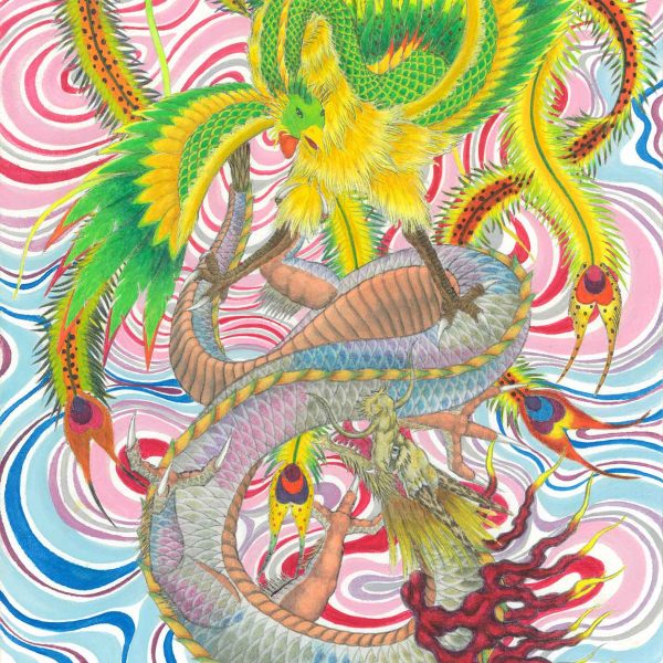 極彩色で描かれた龍と鳳凰。上部に黄と緑の羽をもつ鳳凰、下部に青緑の鱗をもつ龍が絡み合い戦う姿を表す。背景全面が赤・青・ピンクの渦巻く曲線で埋められている。