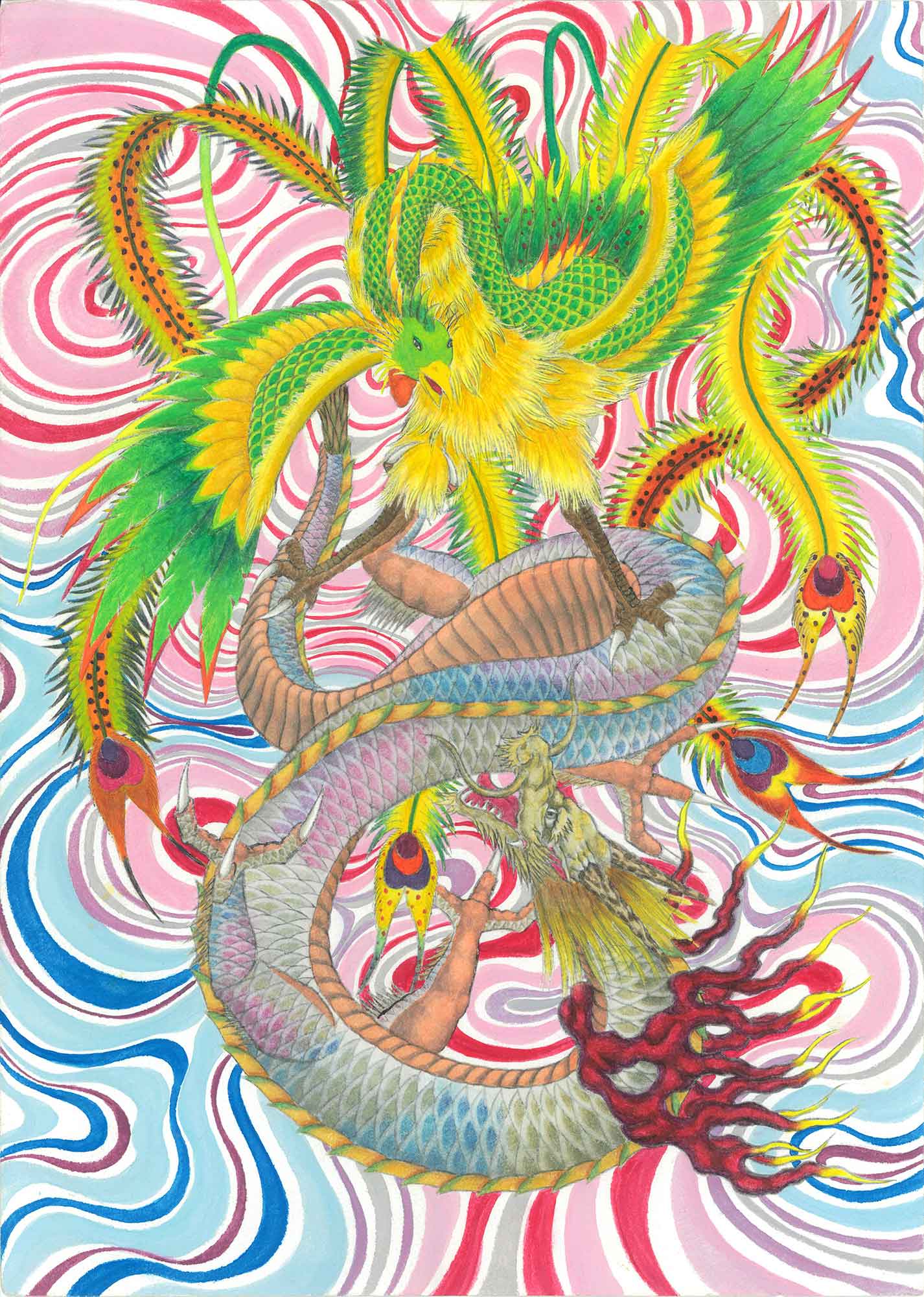 極彩色で描かれた龍と鳳凰。上部に黄と緑の羽をもつ鳳凰、下部に青緑の鱗をもつ龍が絡み合い戦う姿を表す。背景全面が赤・青・ピンクの渦巻く曲線で埋められている。