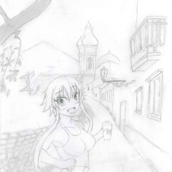 鉛筆による線画。石畳の坂道が奥へ続く街並みを背景に、長い髪の少女が振り向いて笑っている。エプロン姿で、片手に蓋つきの紙コップを持つ。背景には尖塔のある建物、街灯、バルコニーのある家並みが描かれ、画面の左上からは大きな木の枝が張り出す。人物と背景の一部は線描のみで、陰影や描き込みが施されていない箇所が残る。