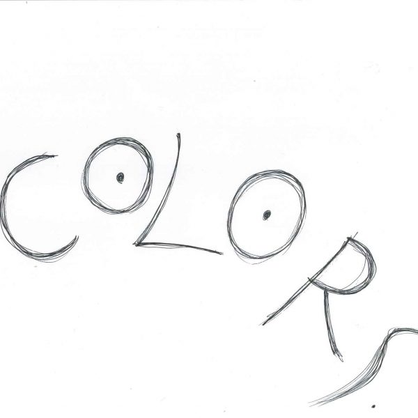 画用紙の中央から右下にかけてアルファベットの大文字でCOLORSの文字が描かれている。Oの円の中には人の目のような点が打たれている。