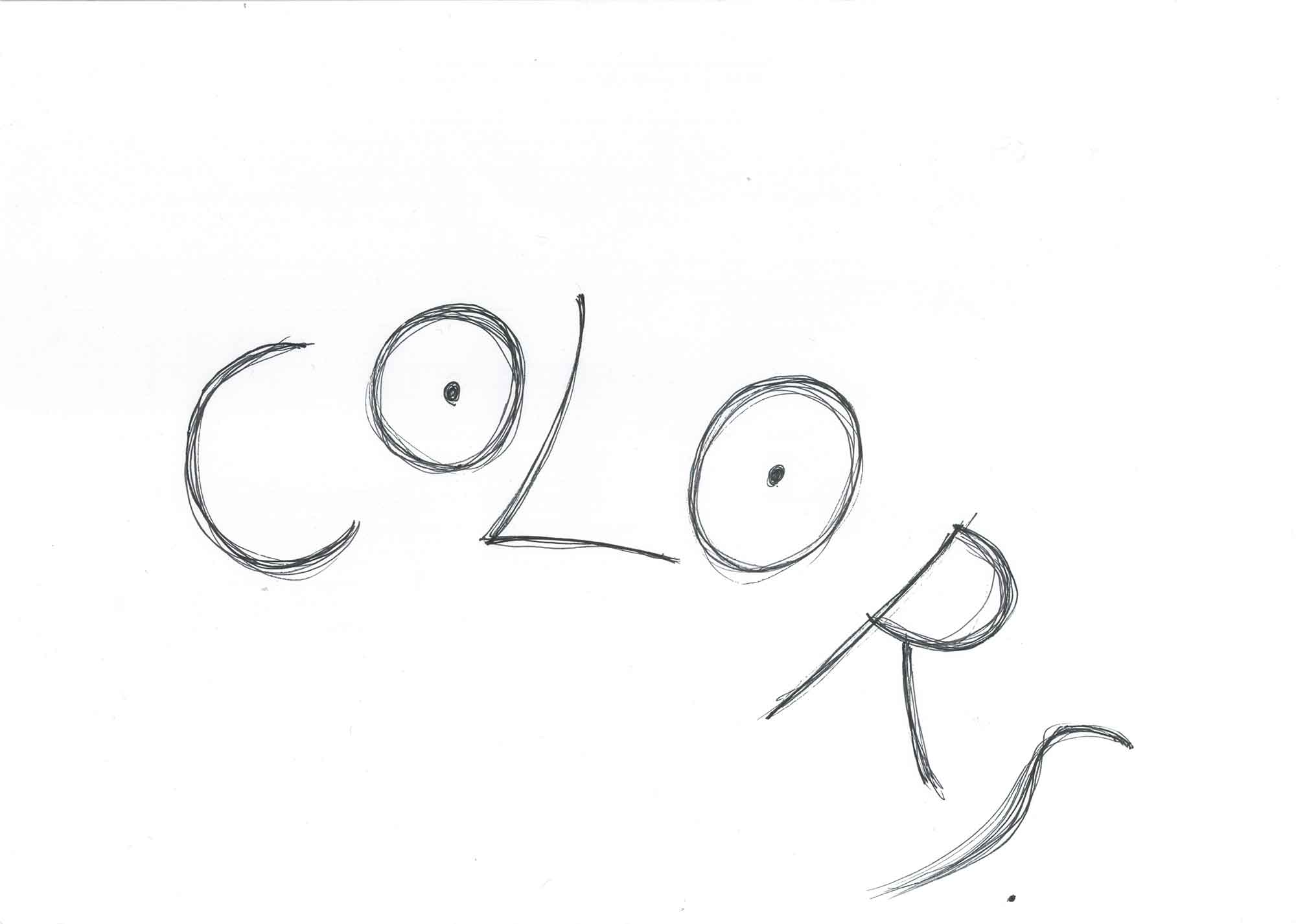 画用紙の中央から右下にかけてアルファベットの大文字でCOLORSの文字が描かれている。Oの円の中には人の目のような点が打たれている。