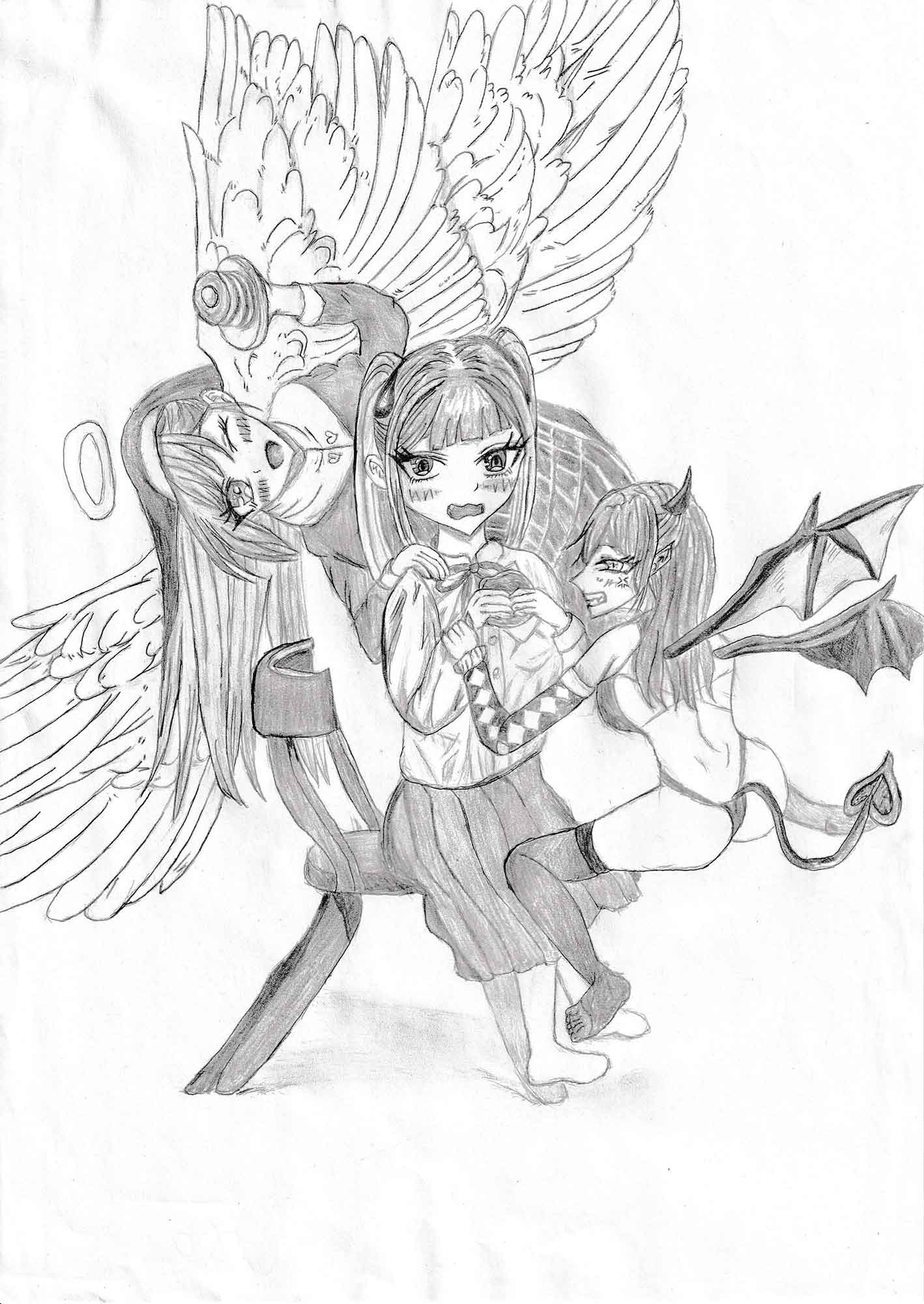 鉛筆によるモノクロのマンガイラスト。中央にセーラー服の少女、左に翼と光輪をもつ天使、右に角・コウモリの翼・尻尾をもつ悪魔の少女を配する。天使がドーナツを手にし、天使と悪魔の立場を「逆」にした構図。