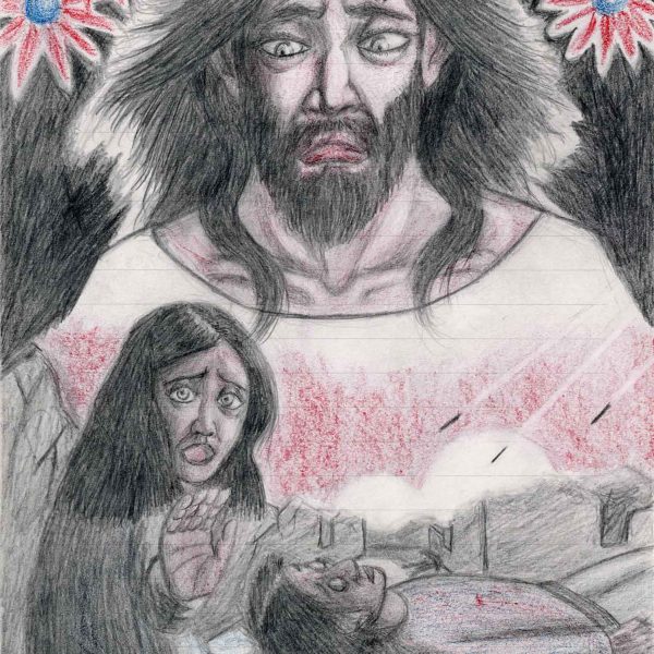 便箋に色鉛筆。上部に茨の冠をかぶったキリストの顔を大きく描く。左右の上隅に赤い花弁に青い芯のヒマワリ。下部では長い黒髪の女性が横たわる人物を抱きかかえる（ピエタの構図）。背景に赤い光と瓦礫が広がる。