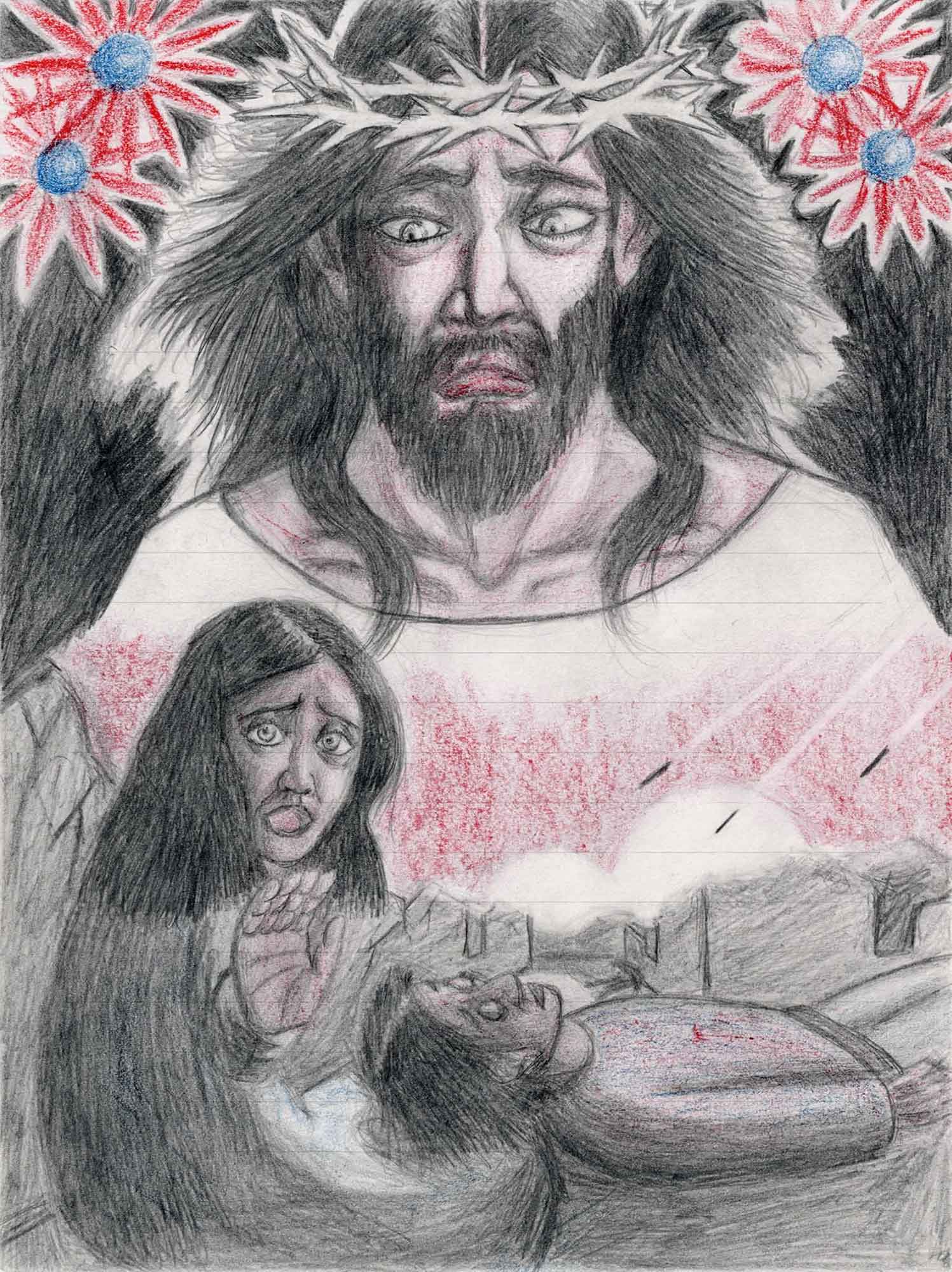 便箋に色鉛筆。上部に茨の冠をかぶったキリストの顔を大きく描く。左右の上隅に赤い花弁に青い芯のヒマワリ。下部では長い黒髪の女性が横たわる人物を抱きかかえる（ピエタの構図）。背景に赤い光と瓦礫が広がる。