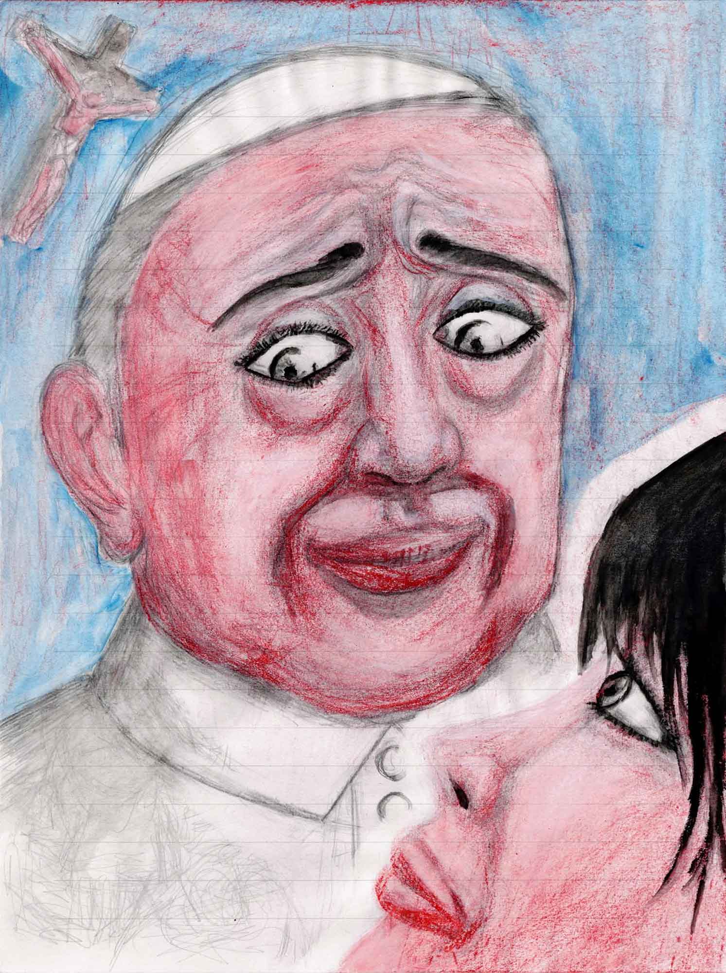 便箋に色鉛筆。白い帽子と白い祭服をまとった教皇と思われる人物の顔を画面いっぱいに描く。眉を寄せ目を見開いた表情で、顔は赤く染まる。背景は青。左上に小さな十字架像。右下に黒髪の人物の顔が寄り添うように描かれる。