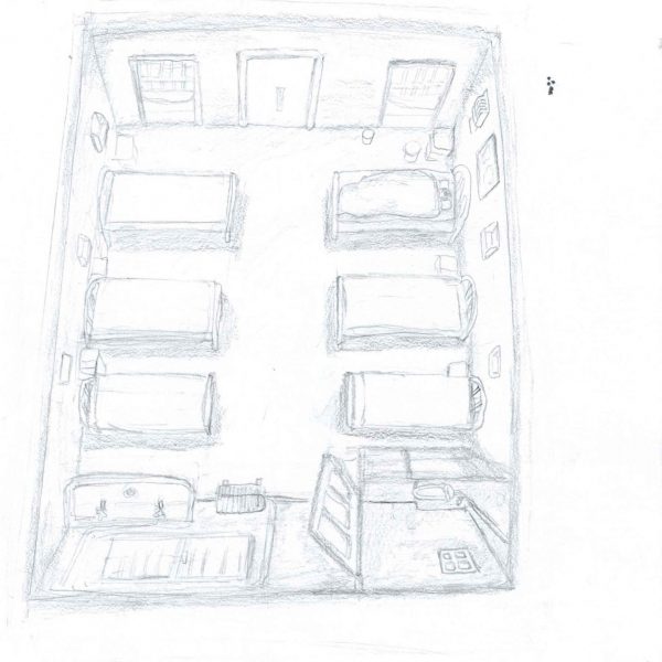 鉛筆画。病室を高い視点から見下ろす構図。左右の壁沿いにベッドが3台ずつ計6台並び、右奥の1台にだけ人が横たわり、頭を枕にのせている。奥の壁には格子の入った窓が2つと中央に扉、右の壁に額のような四角い物が並ぶ。手前左に2つの蛇口の付いた洗面台と格子状の床面、手前右に棚状の仕切りと床の白い物。下部に「病舎雑居（ひとり）⑤」と「2026.5.13」の書き込み。