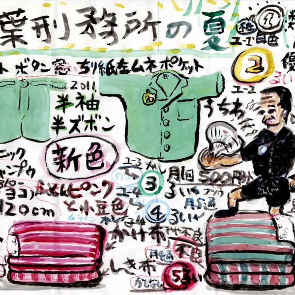 墨の線と水彩で図解のように描かれた画面。上部に大きく「千葉刑務所の夏」の題字、背景に緑の帯と黄色い点。左に緑色の半ズボンと半袖シャツ、シャンプーの容器、ピンクの格子柄の布と赤紫の縞の布団の山。右には黒い服でうちわを持ち、緑と赤紫の縞の布団の山に片足をかける男性。周囲に「半袖半ズボン」「新色」「旧色」「ふとんピンクと小豆色」「200×120cm」「タオルケット」「類別バッヂ色優遇区分」「500円分」などの説明と丸数字①〜⑤が書き込まれ、ほかにも寸法や色名など細かい説明の書き込みが多数ある。右下に「2011 5」と読める年記。