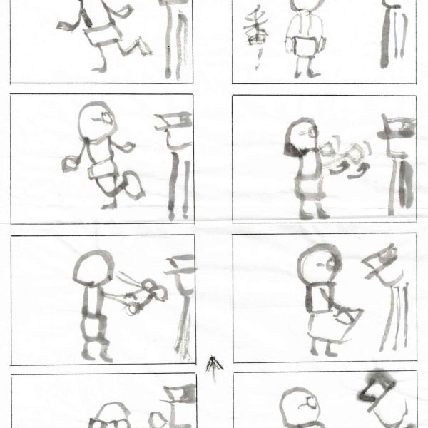 白い紙に太い墨線で描いた8コマの図解。右上に「検身」と題字。丸頭の簡略な人物が、台の脇に立つ制帽の係官の前で動作を示す。片脚を上げる、両腕を横に出して片脚立ちする、口元へ手をやる、持ち物を差し出す、腰の物を見せる、といった一連の動きが続き、コマの間には順路を示す矢印がある。左下のコマには「よし」の文字。人物は上半身裸に短パン姿で描かれる。