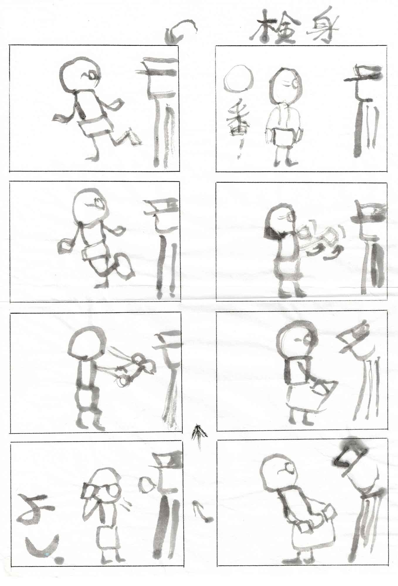 白い紙に太い墨線で描いた8コマの図解。右上に「検身」と題字。丸頭の簡略な人物が、台の脇に立つ制帽の係官の前で動作を示す。片脚を上げる、両腕を横に出して片脚立ちする、口元へ手をやる、持ち物を差し出す、腰の物を見せる、といった一連の動きが続き、コマの間には順路を示す矢印がある。左下のコマには「よし」の文字。人物は上半身裸に短パン姿で描かれる。