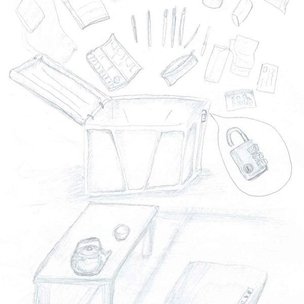 鉛筆画。中央にふたの開いた私物箱があり、その上方に中身が扇状に広げて描かれる。Tシャツ、半ズボン、丸い缶、本やノート、瓶、数本のペンや筆、筆箱、封筒、紙片、石けんのようなものなど。箱の留め具からは吹き出しが伸び、ダイヤル式の南京錠が拡大して描かれる。手前には急須と湯のみの載る座卓と、床に置かれた平たいふた。左下に「2026.6.8」と書き込みがある。