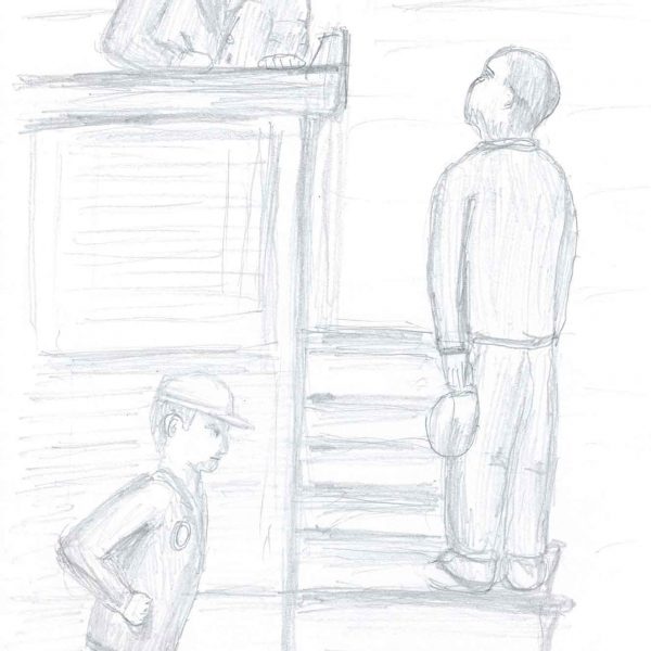 鉛筆による素描。左上に高い台があり、制帽にネクタイ姿の職員が台上から身を乗り出して下を見ている。台の前の段の上に、上下そろいの服の男性が立って顔を上げ、職員を見上げる。男性は両手を体の前で合わせ、帽子らしきものを持つ。左下にはもう1人、帽子をかぶり胸に丸い札のついた上着の若い男性が歩く姿。画面下に「2026.6」と日付がある。